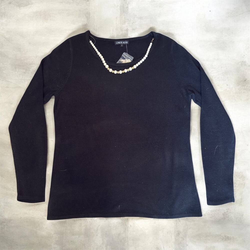NWT Carol Rose Black Long Sleeve "Cashmere Like" with attached Pearl Necklace Lg